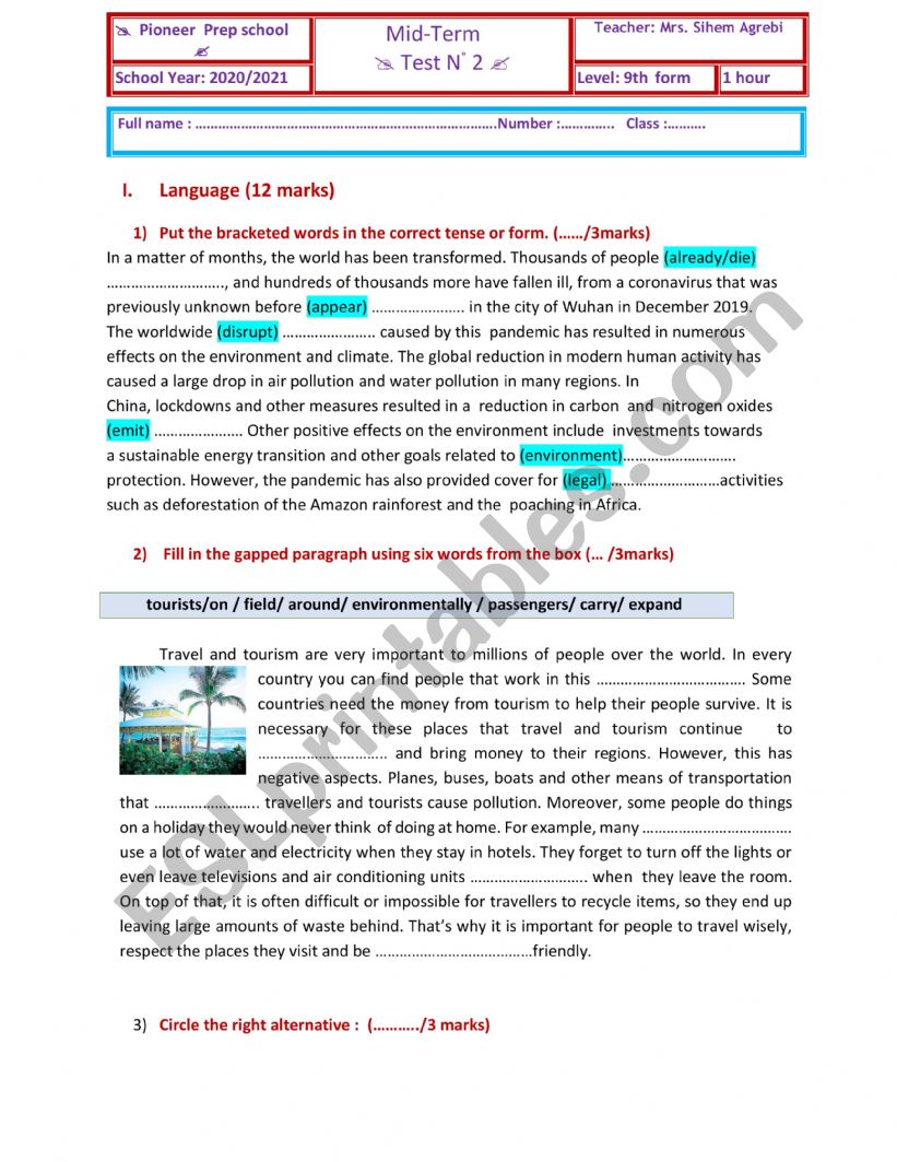 mid-term test 9th form worksheet