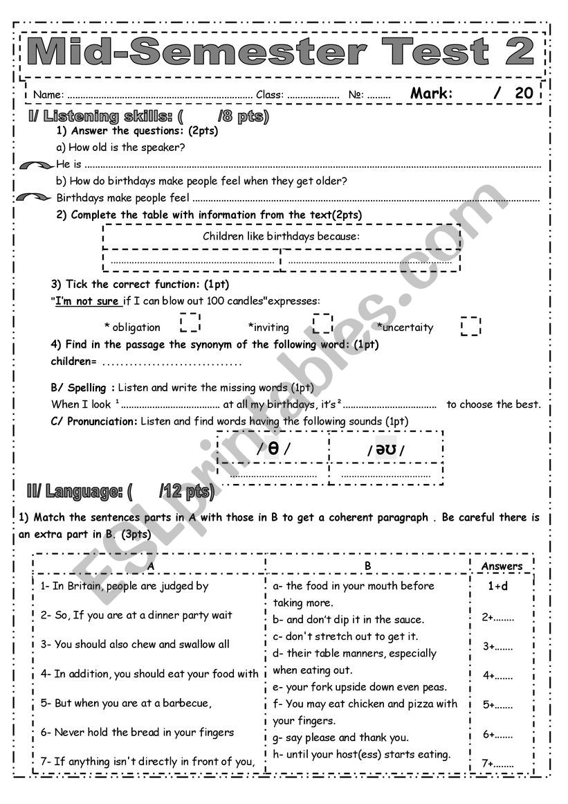 Mid-Semester test 2 worksheet