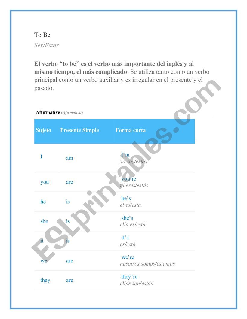 verb to be structure worksheet