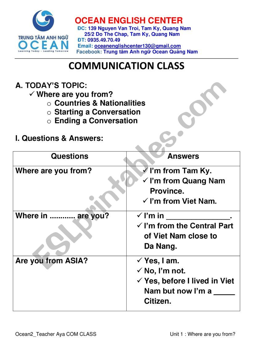 WHERE ARE YOU FROM? worksheet