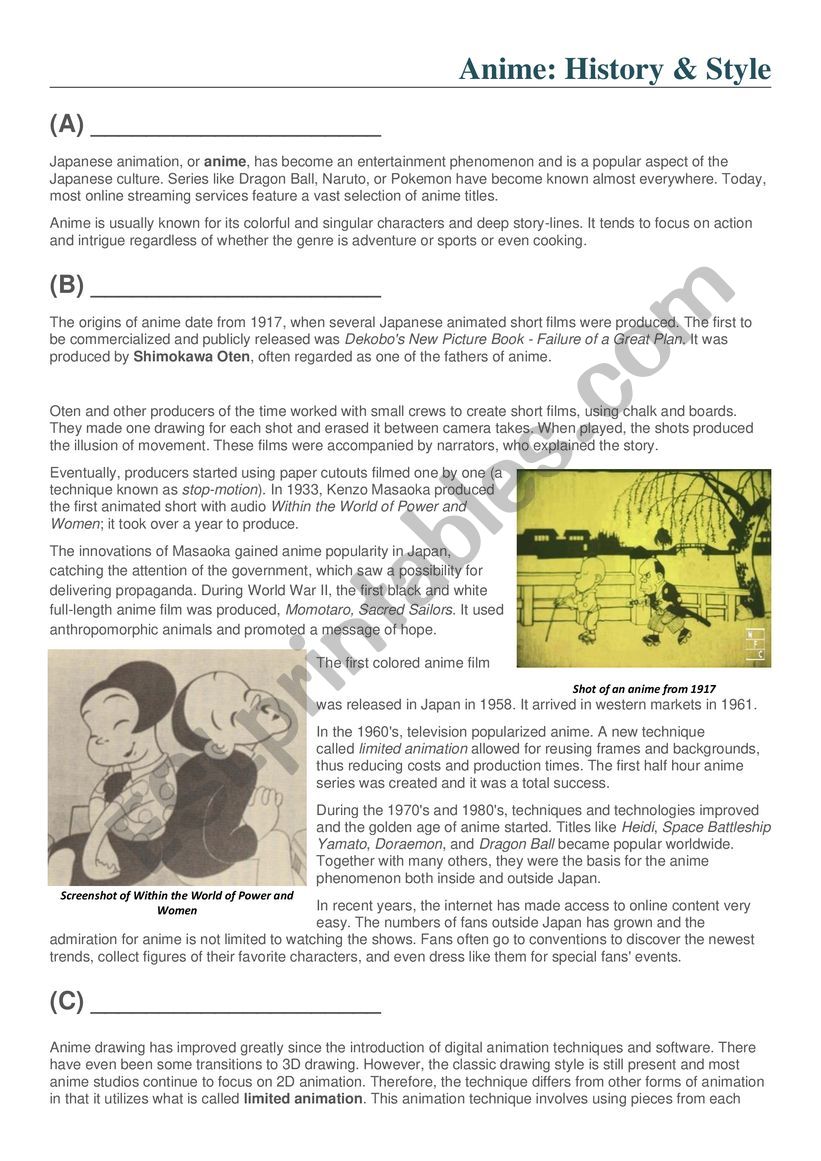 Anime Reading & Matching Activity - ESL worksheet by anniellet