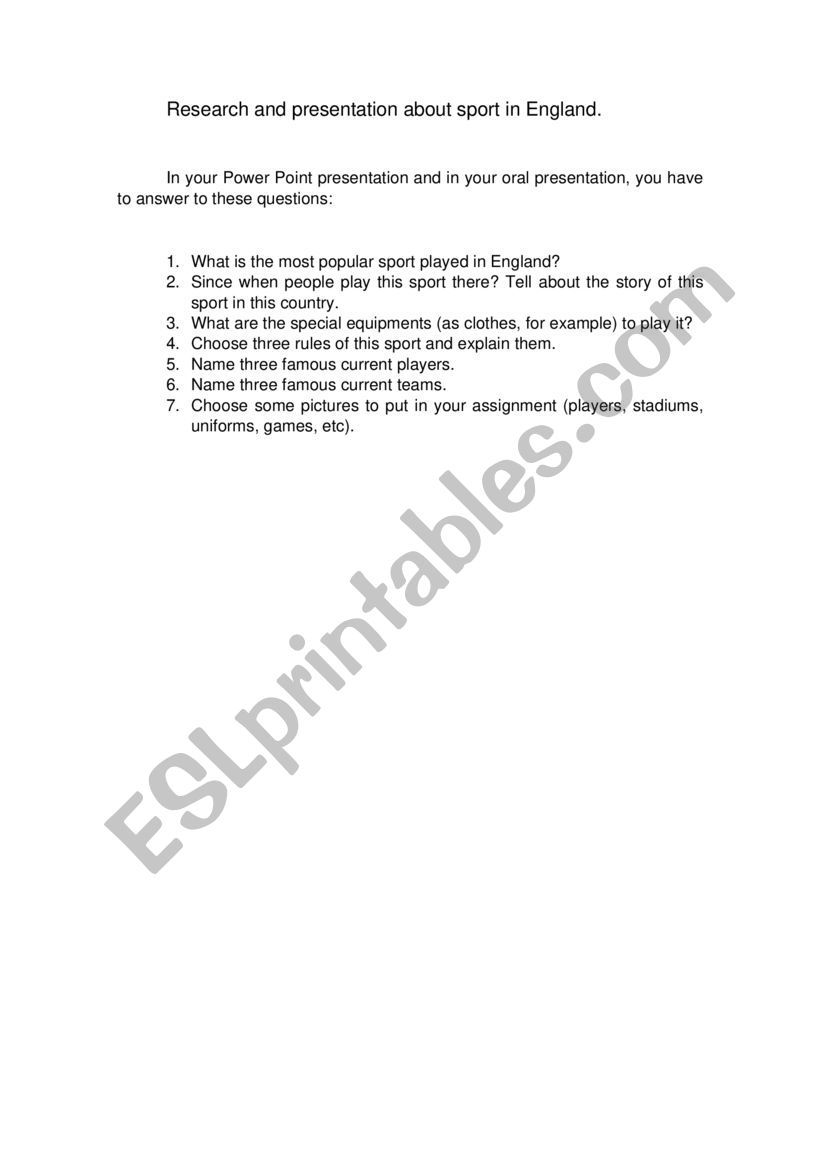 Research and prsentation about famous sports in England