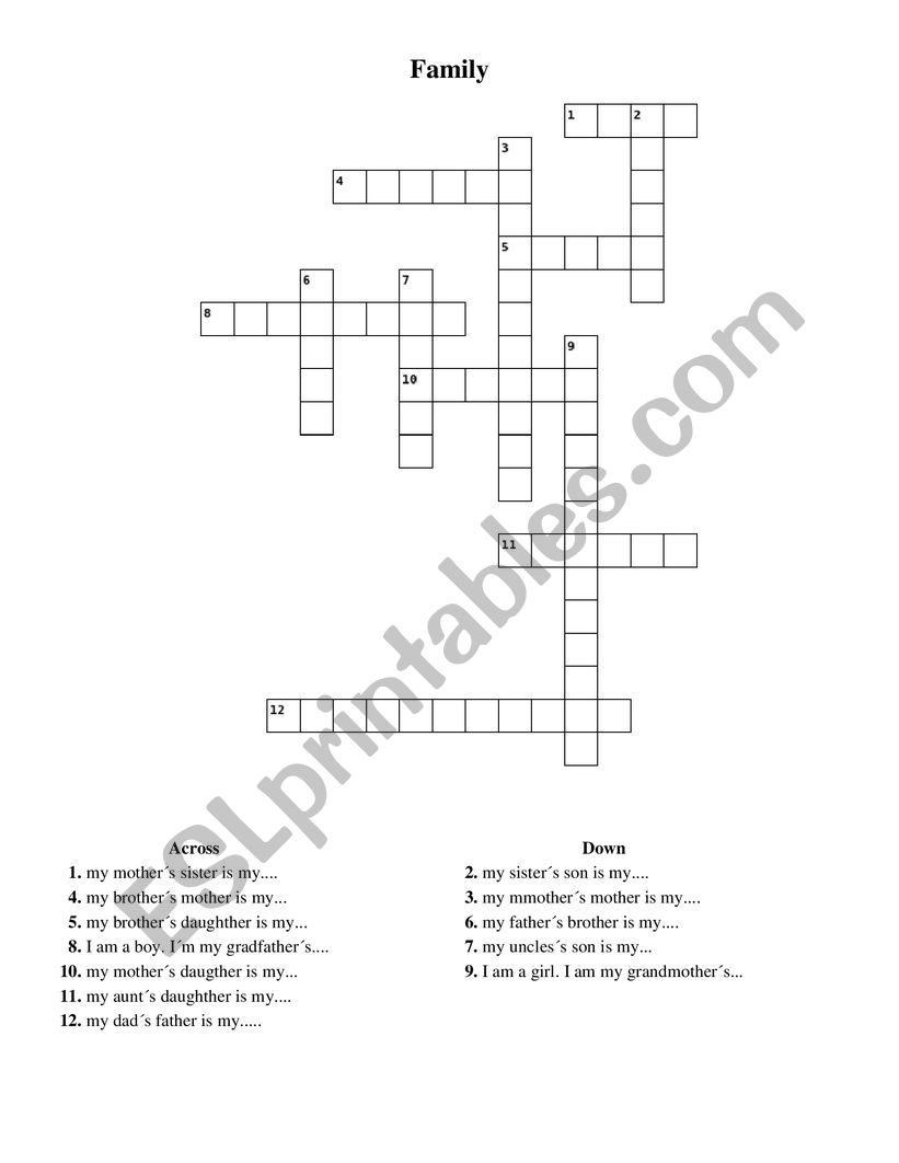 Family crossword puzzle worksheet