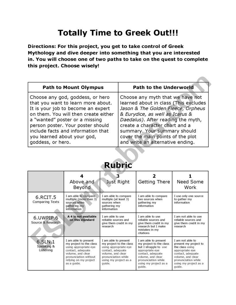 Greek Myth Project worksheet