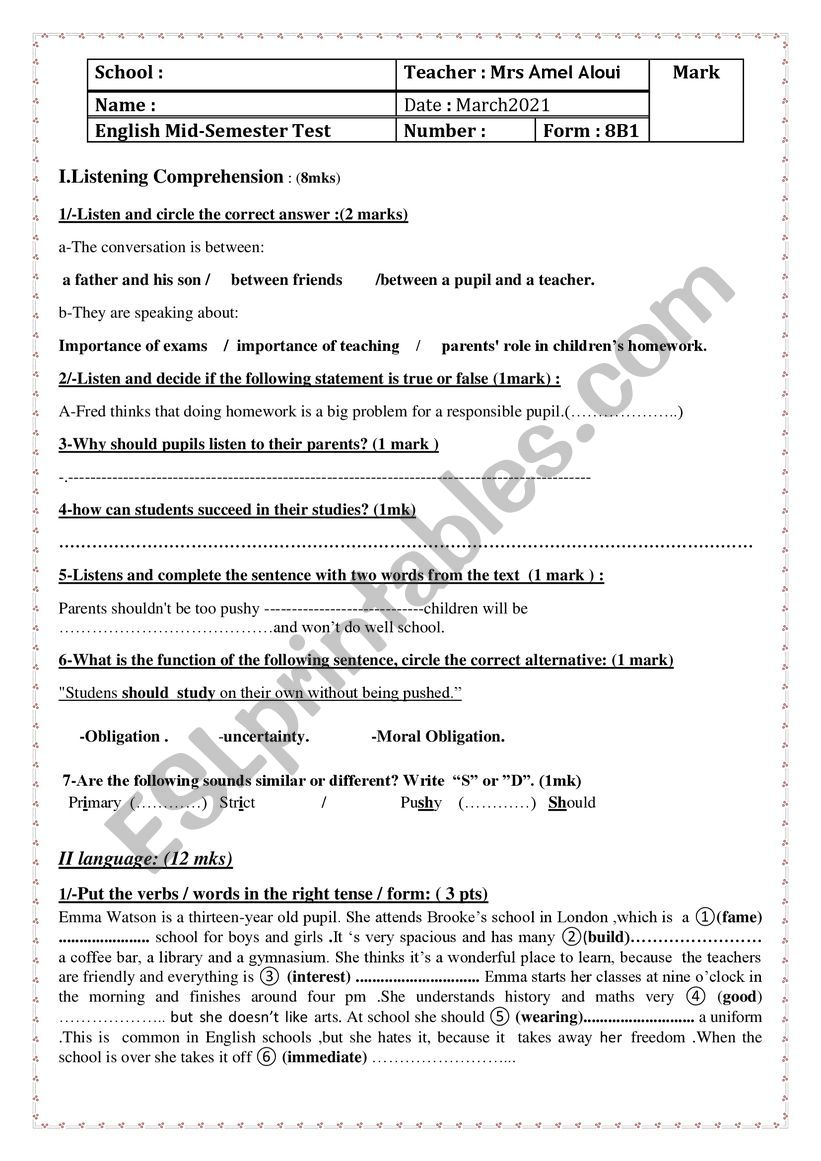 8th mid-semester test 1 worksheet