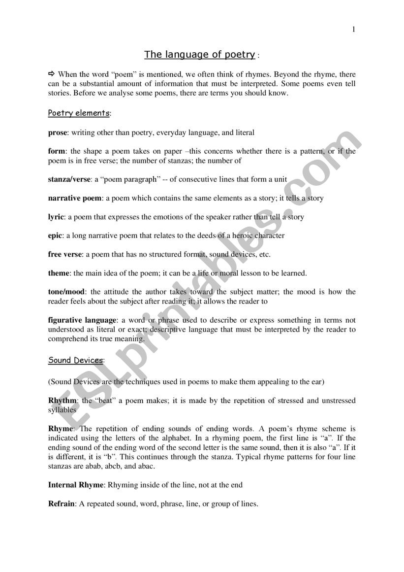 The language of poetry worksheet