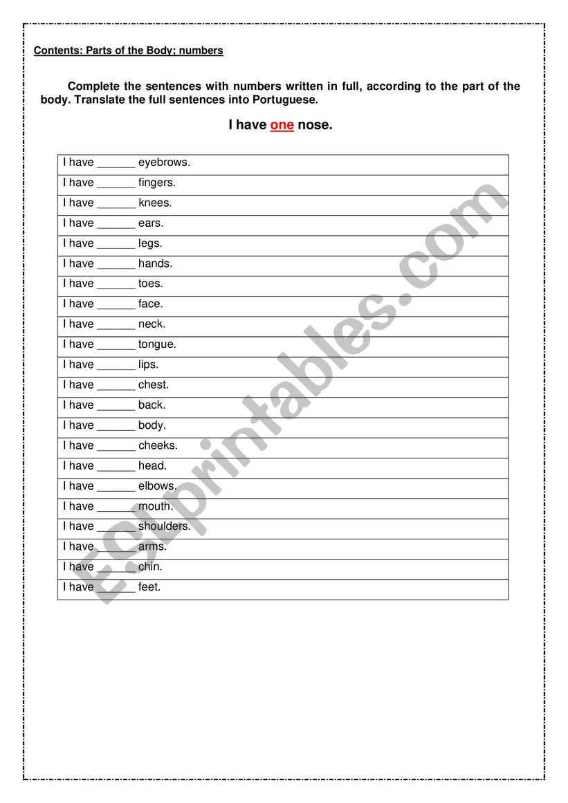 Body Parts and Numbers worksheet