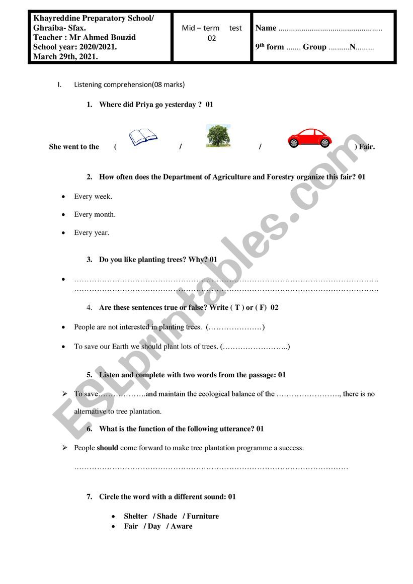 test 9th form march 2021 worksheet