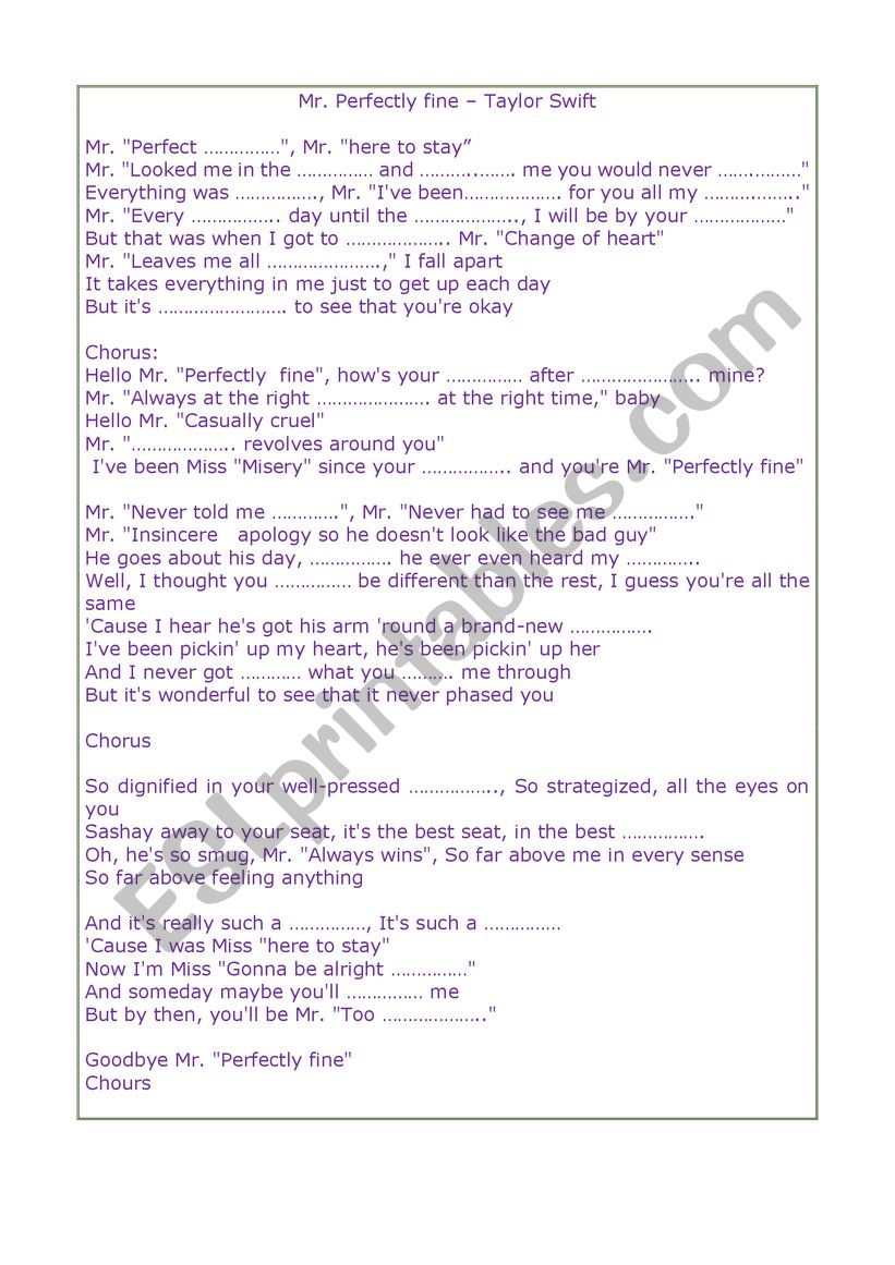 MR PERFECTLY FINE worksheet