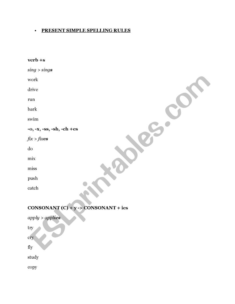 VERB TENSES, SPELLING RULES worksheet