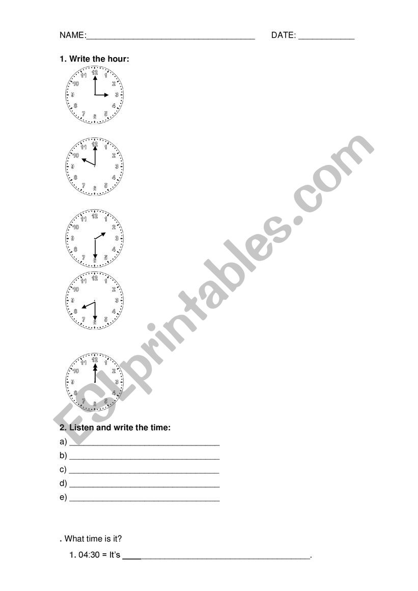 Hour Test - ESL worksheet by angelabalz