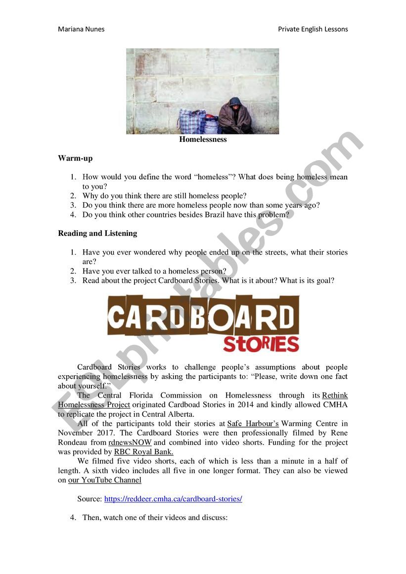 Homelessness worksheet