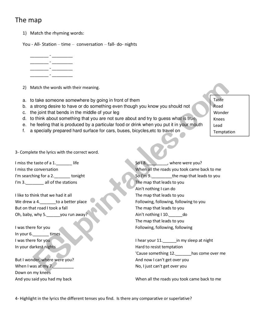 The map - Maroon 5 worksheet