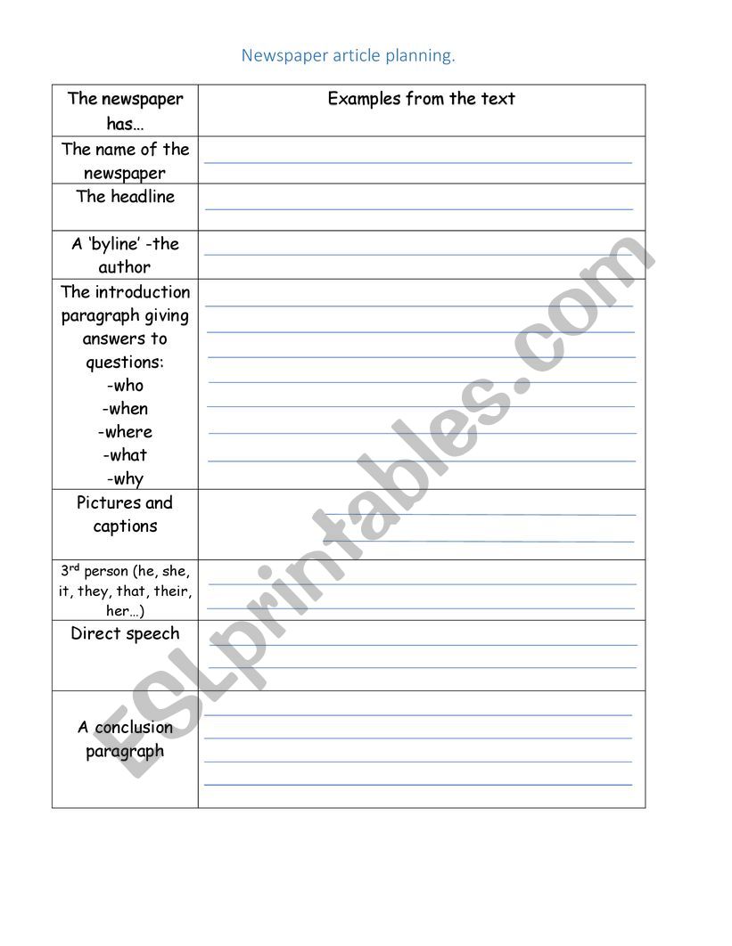 Newspaper planner worksheet