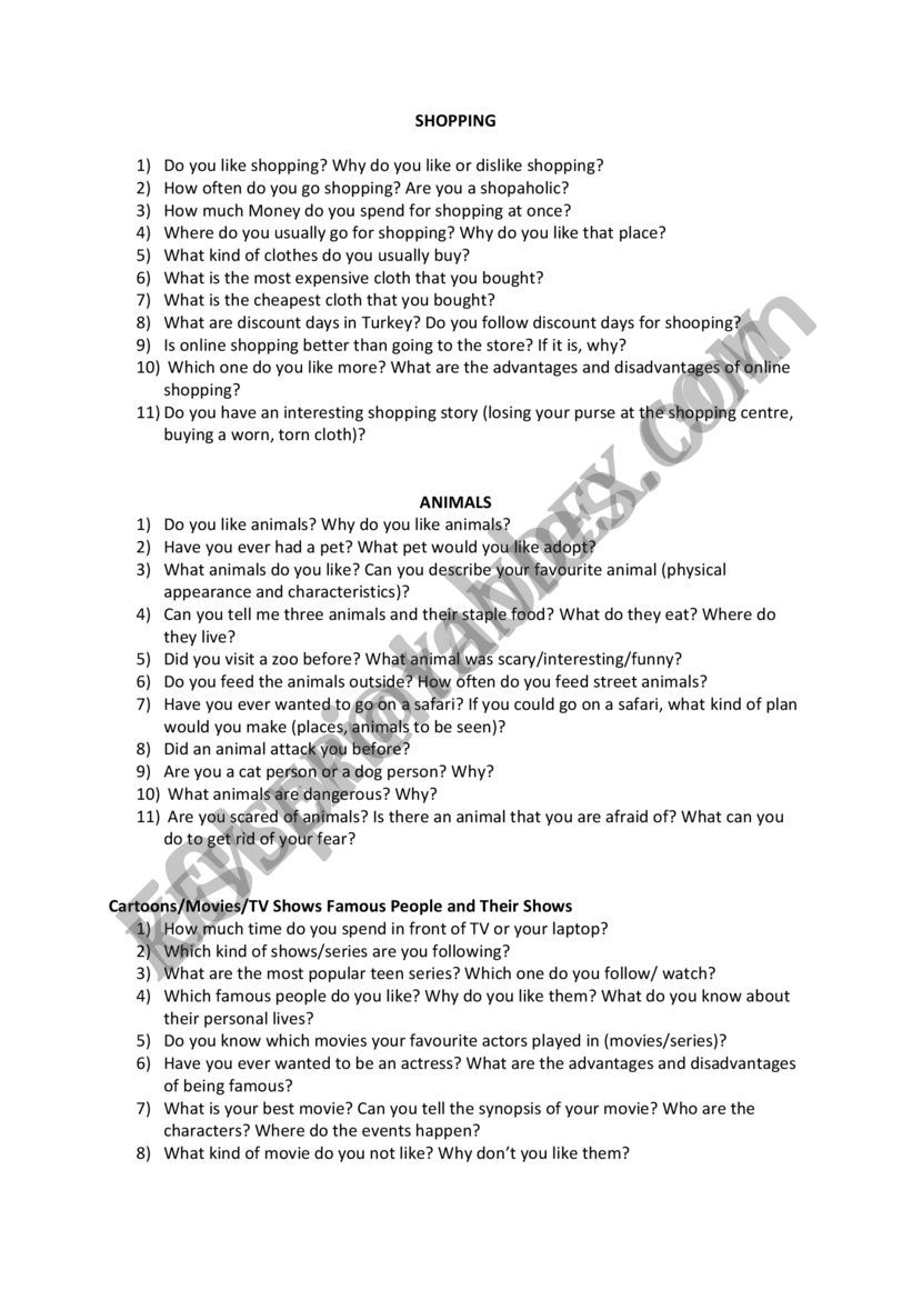 Speaking Questions worksheet