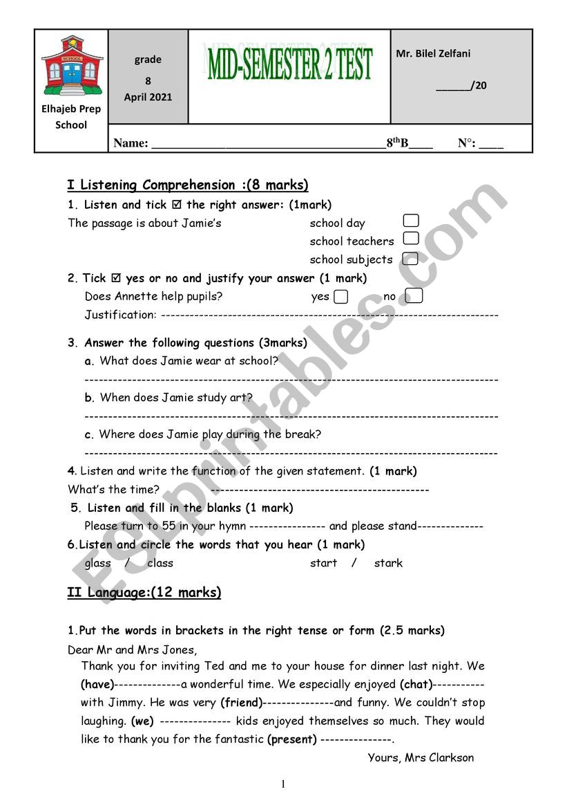 Mid-semester 2 English test for 8 graders