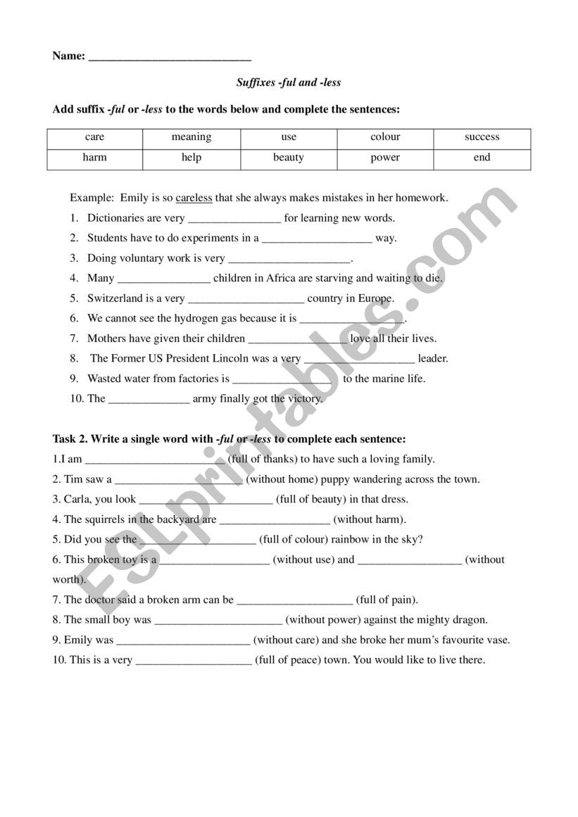 Suffix -ful/ -less worksheet