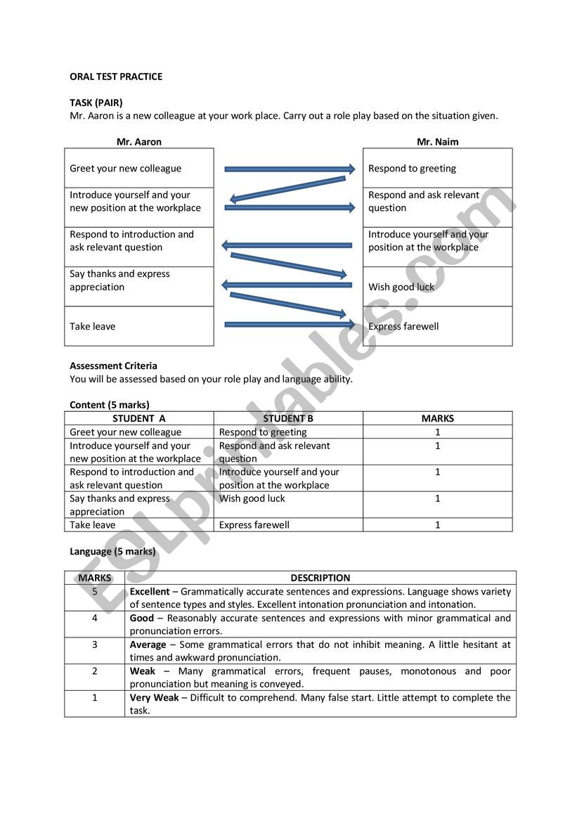 Oral Test Practice worksheet