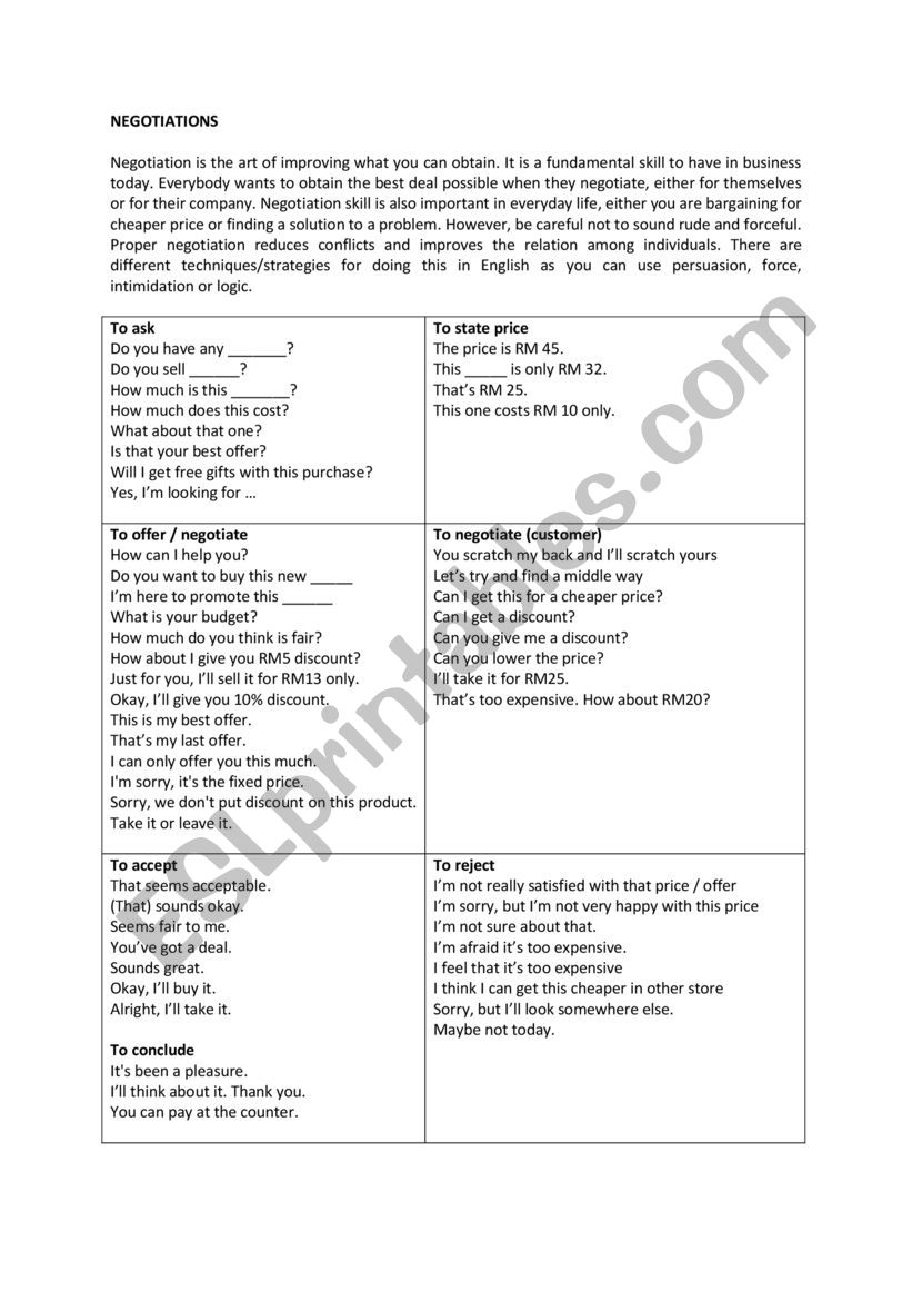 Negotiation Skill worksheet