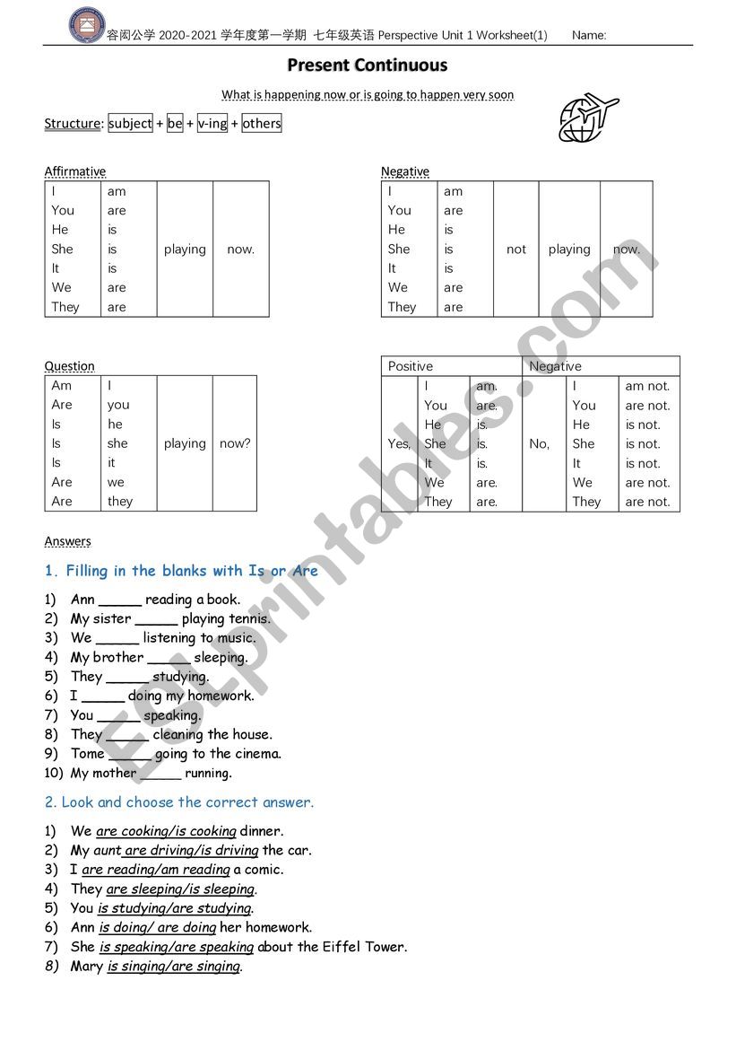 A worksheet for teaching present continuous