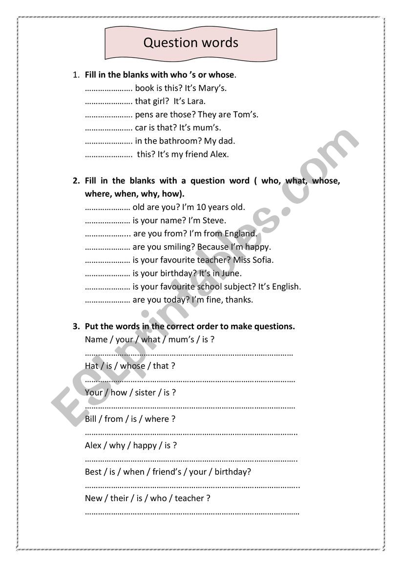 question words worksheet