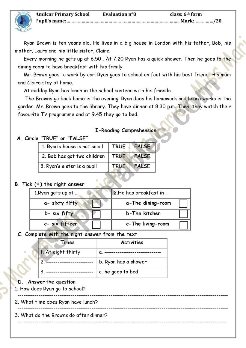Evaluation for 6th grade pupils