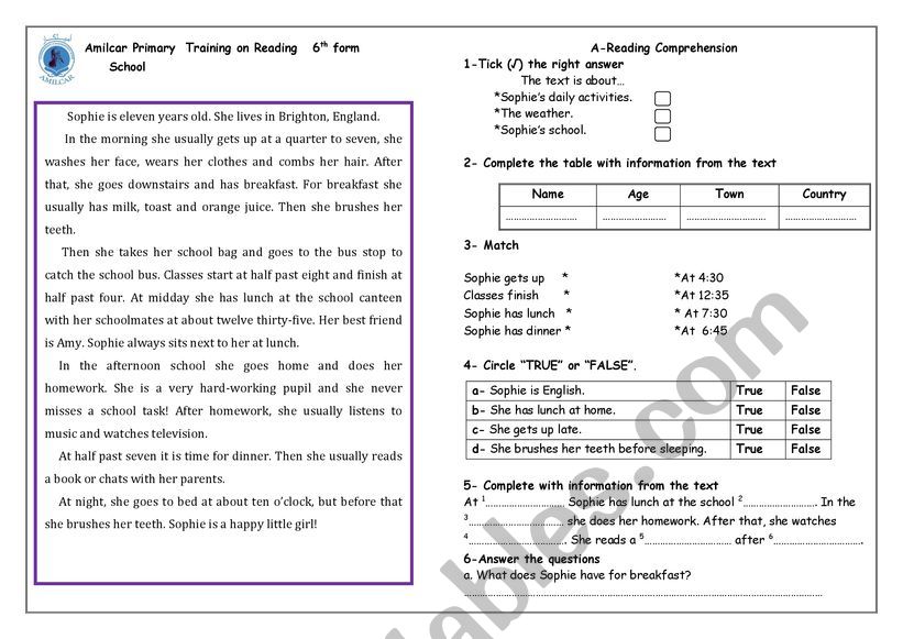 a worksheet for 6th grade pupils