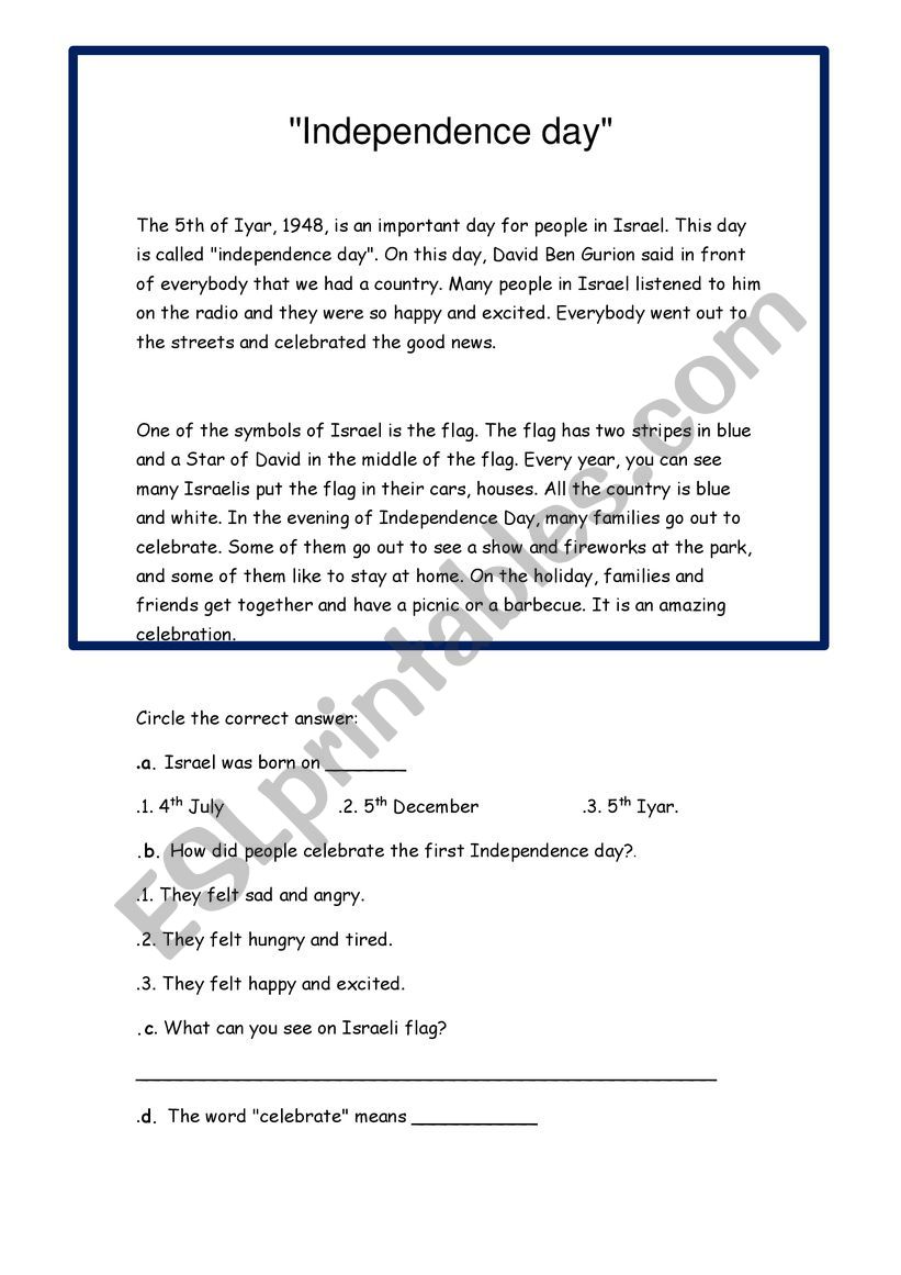 Israel Independence Day worksheet