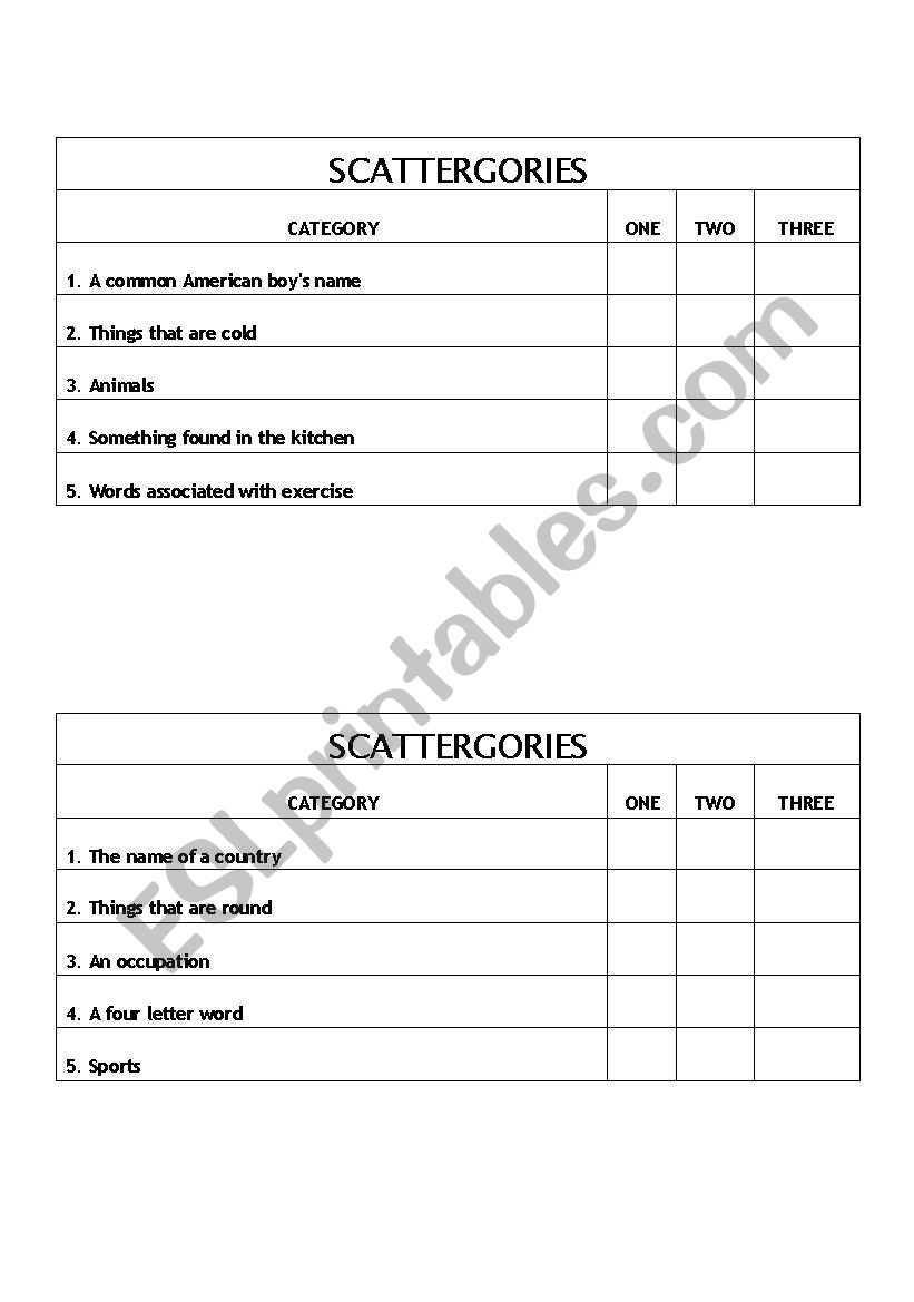 Scattergories worksheet
