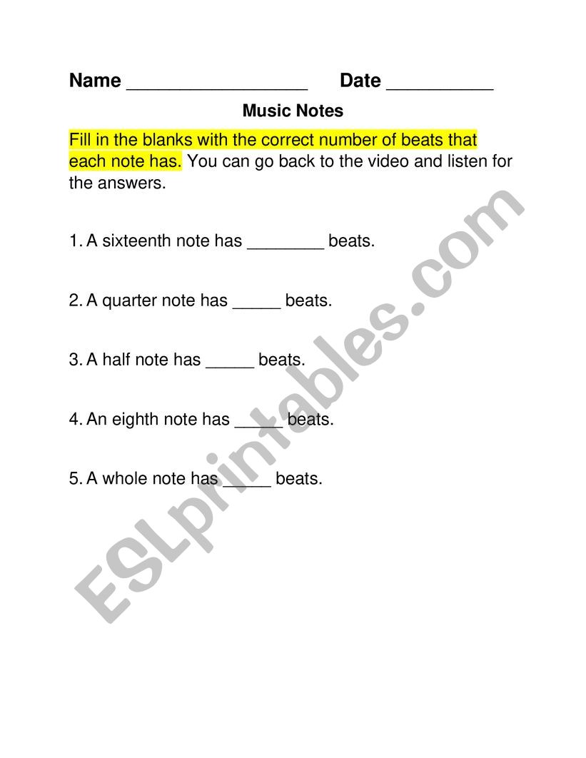Music Notes worksheet