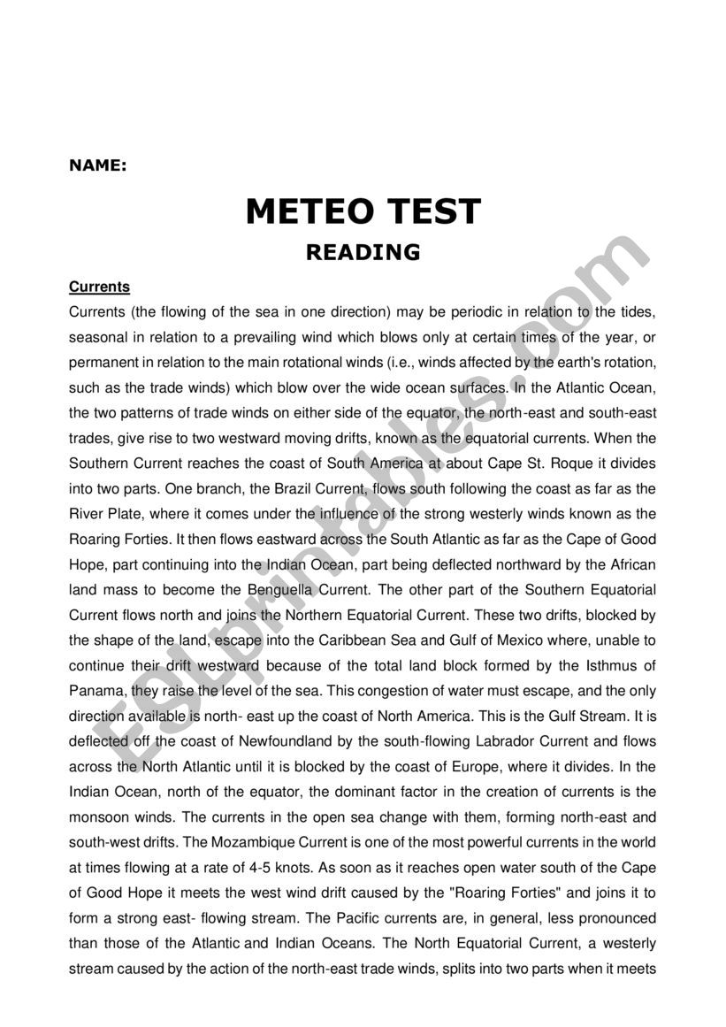 Meteorology Revision worksheet