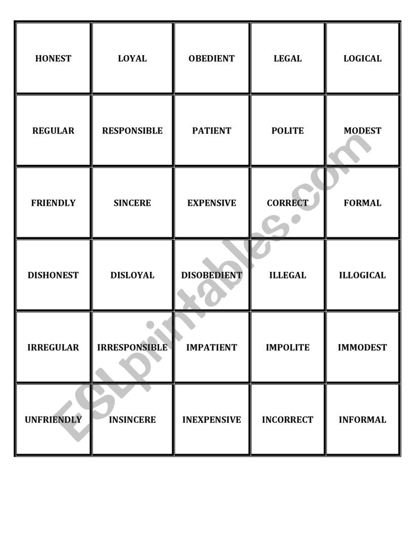Negative prefixes - Memory game Negative prefixes - Memory game