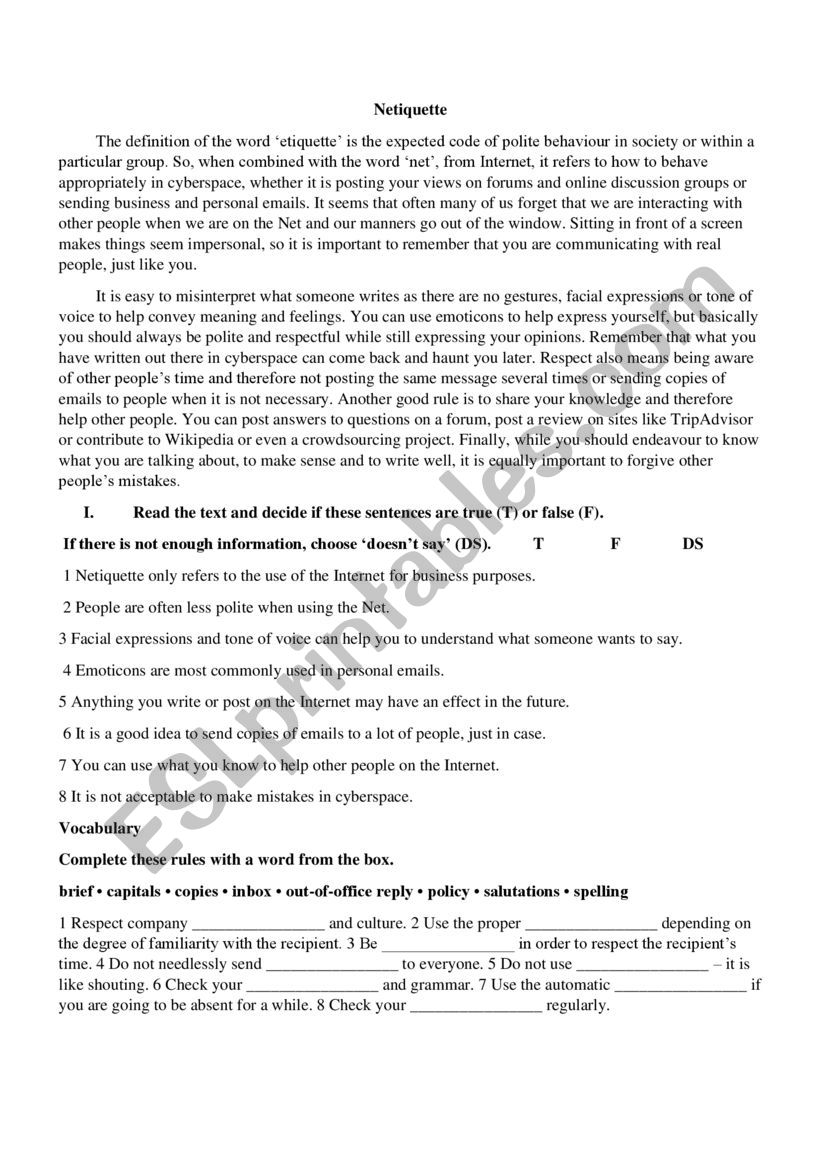 Netiquette worksheet