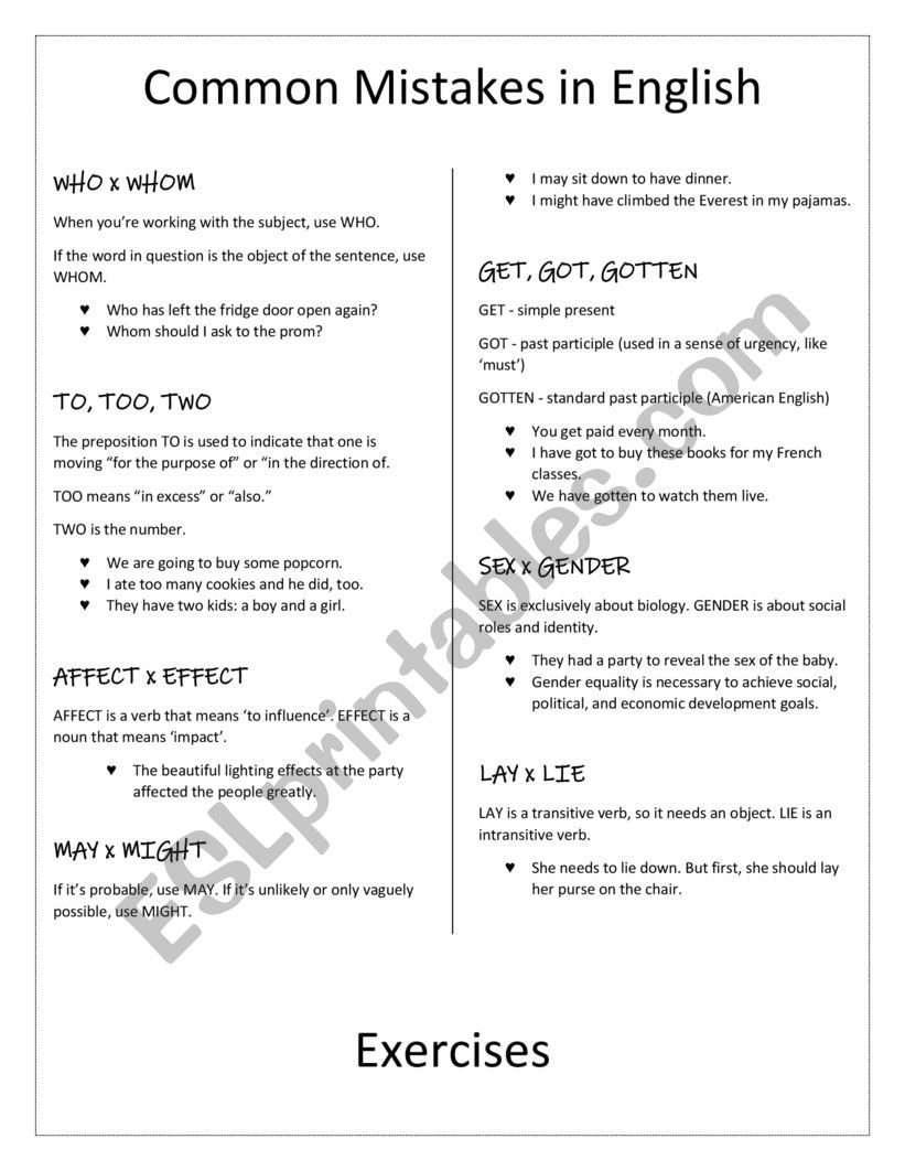 Common Mistakes in English worksheet