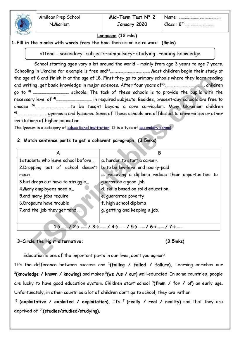 Mid term test n 1 worksheet