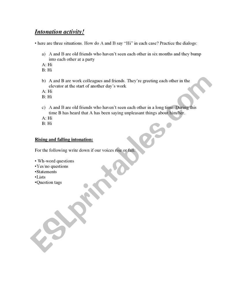 Intonation activity!  worksheet