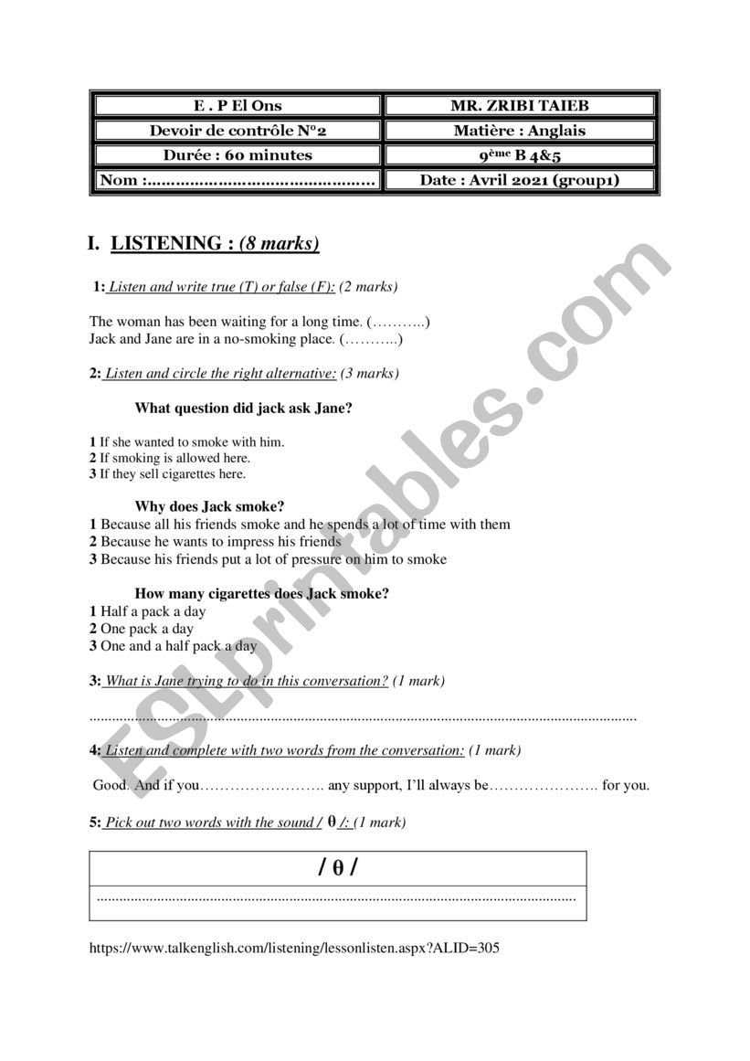 9th form mid semester 2 test worksheet