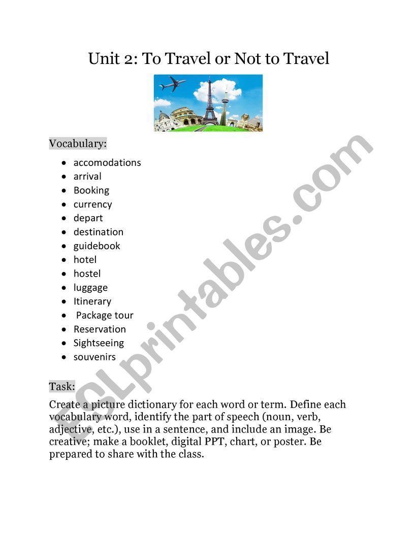 Travel Vocabulary Task worksheet