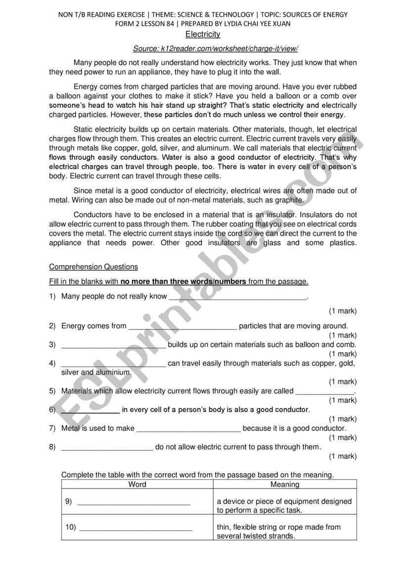 Electricity  worksheet