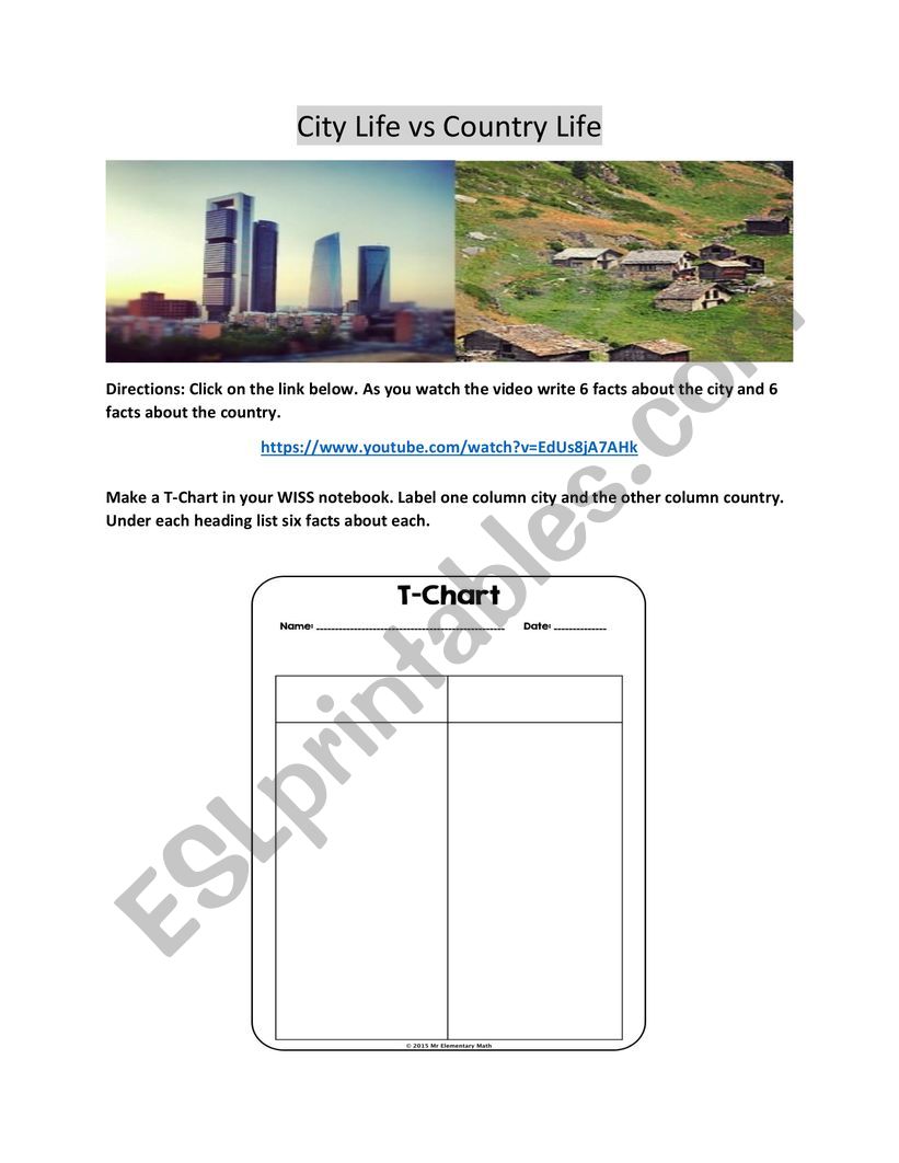 City Life vs Country Life T-Chart Activity