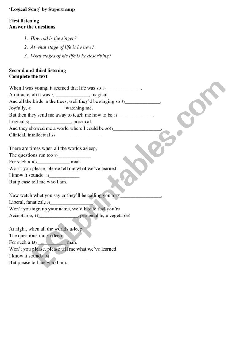 logical Song by Supertrump worksheet