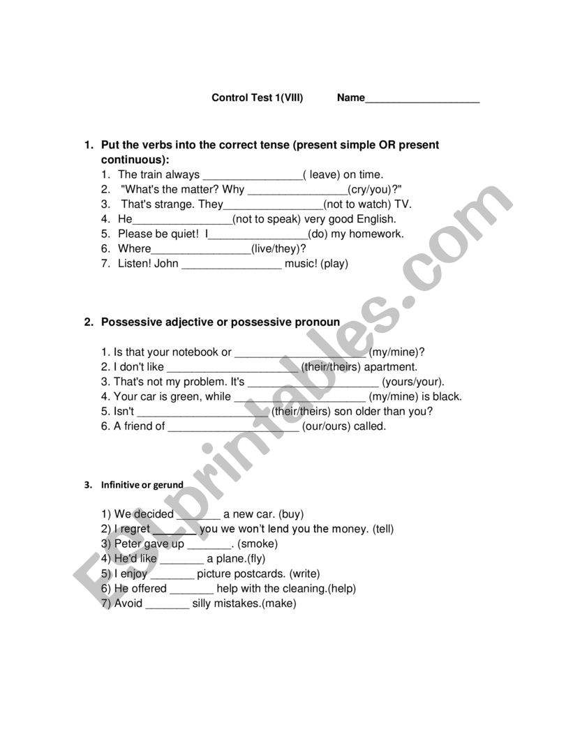 Control test worksheet