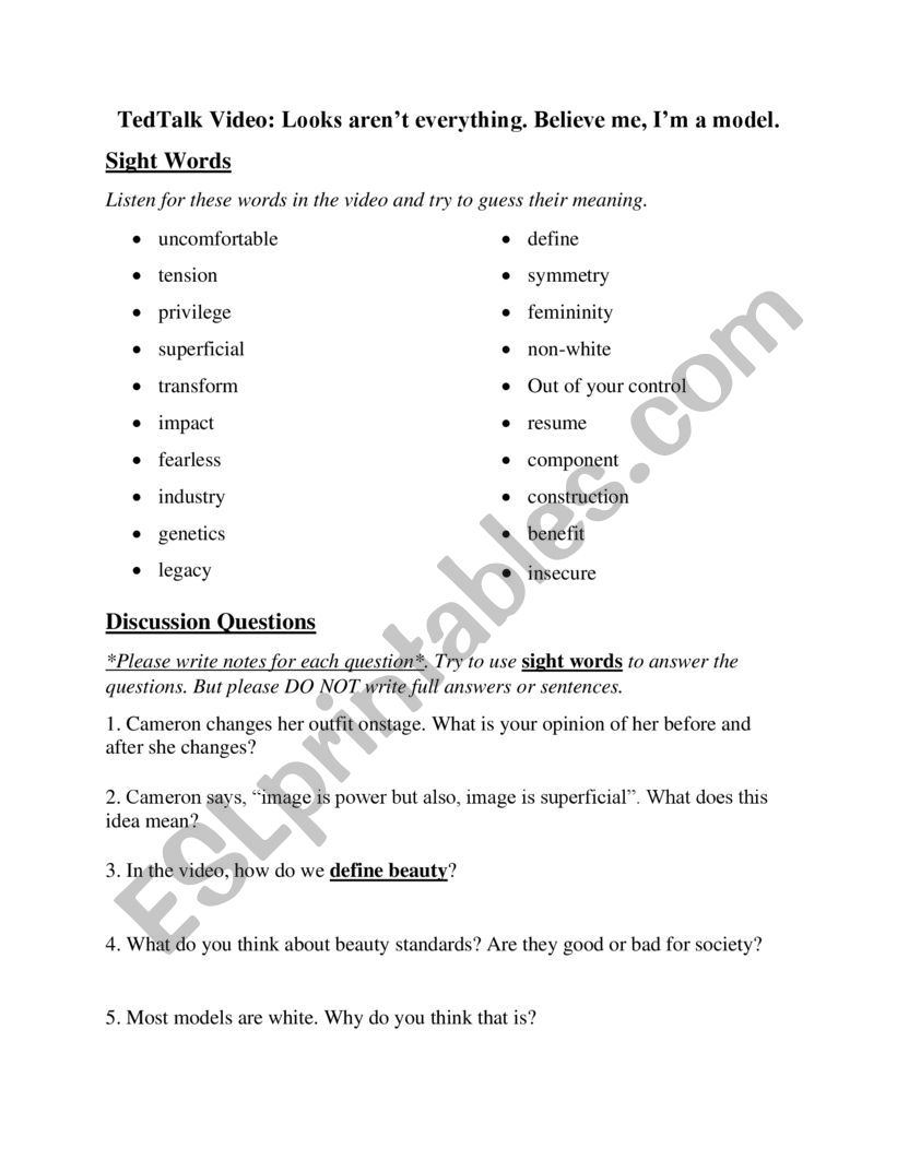 TedTalk Video: Looks arenâ€™t everything. Believe me, Iâ€™m a model. Discussion Worksheet