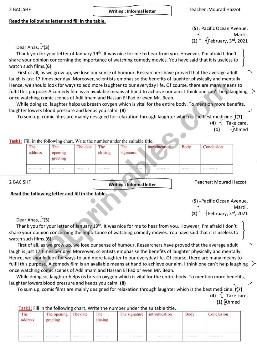 Informal letter 2nd BAC worksheet