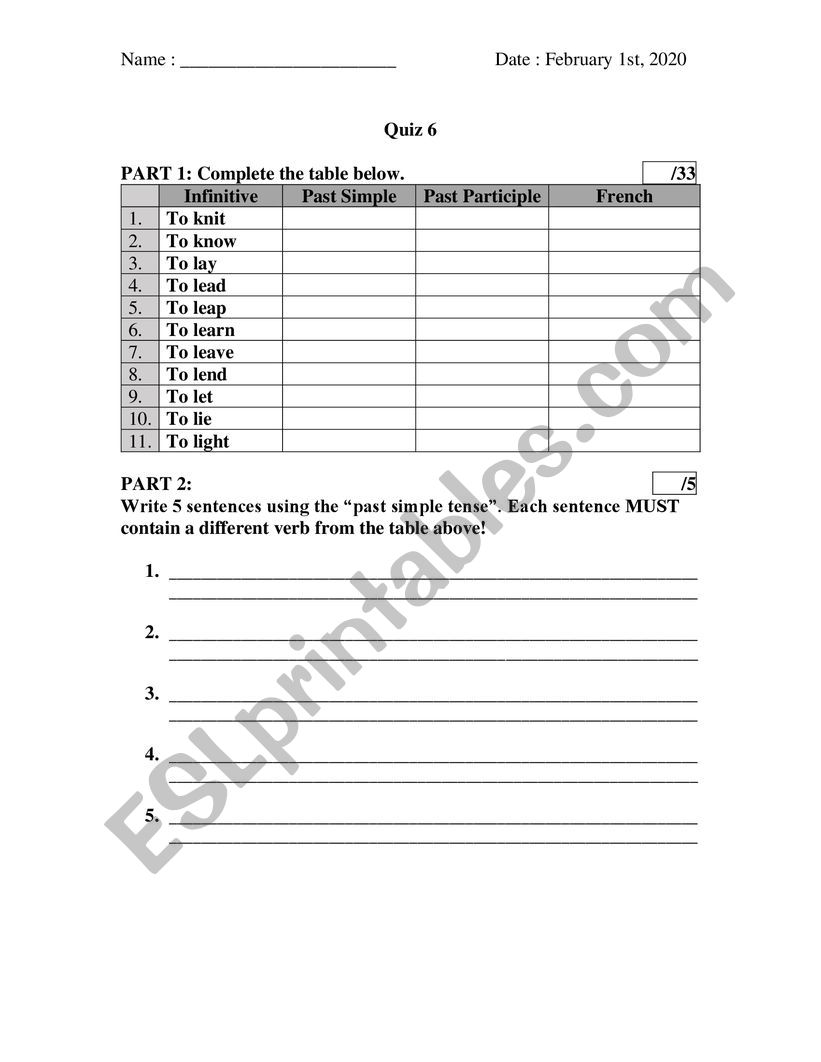 Irregular verb test and vocabulary