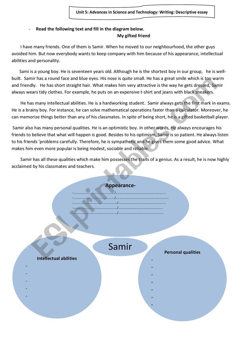 A descriptive essay  worksheet