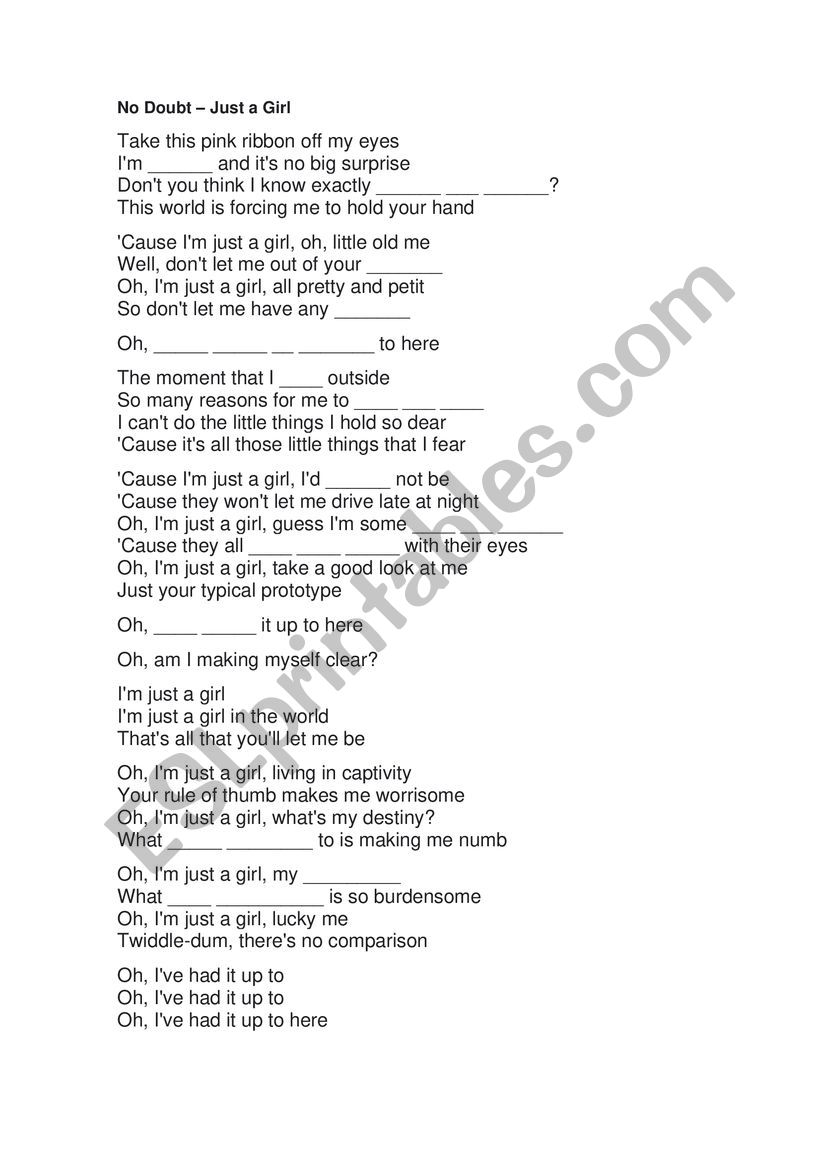 NO DOUBT - JUST A GIRL worksheet