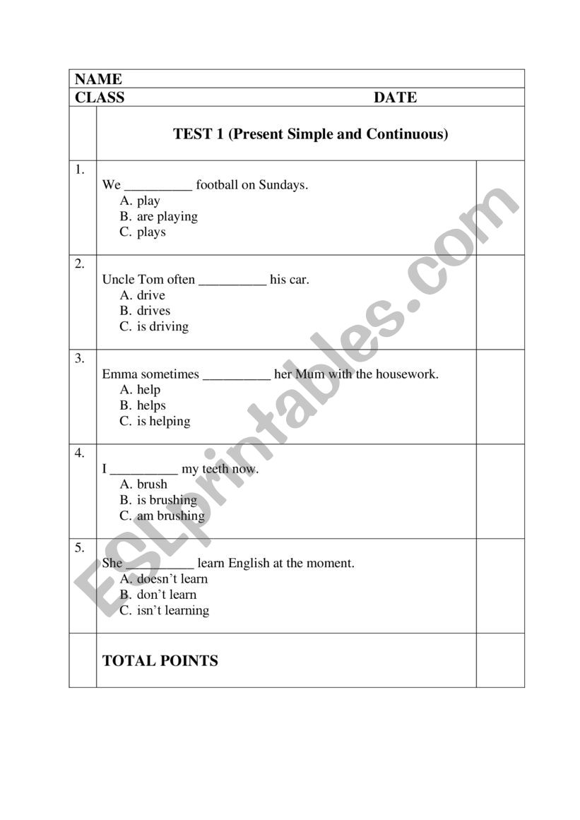 Present Simple and Continuous Test