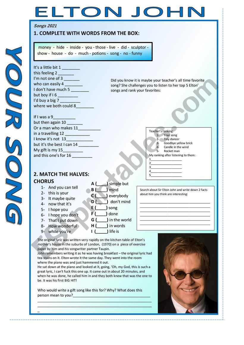 Your Song - Elton John worksheet