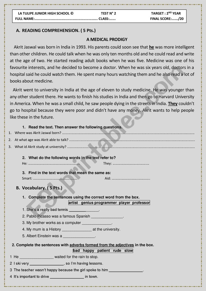 PROGRESS TEST worksheet